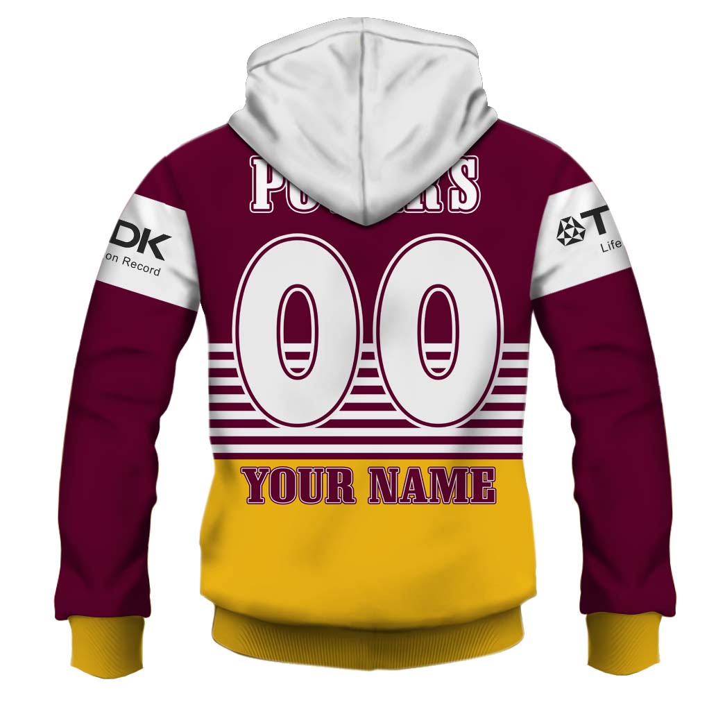 NRL Brisbane Broncos Custom Name Number 1992 Retro Jersey Zip Up Hoodie