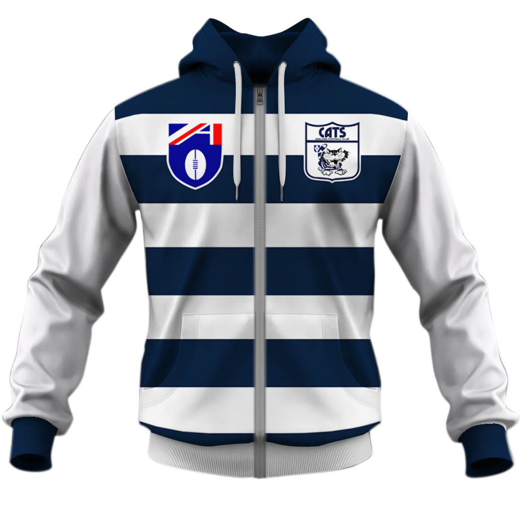 AFL Geelong Cats Custom Name Number 90s Vintage Retro Guernsey Zip Up Hoodie
