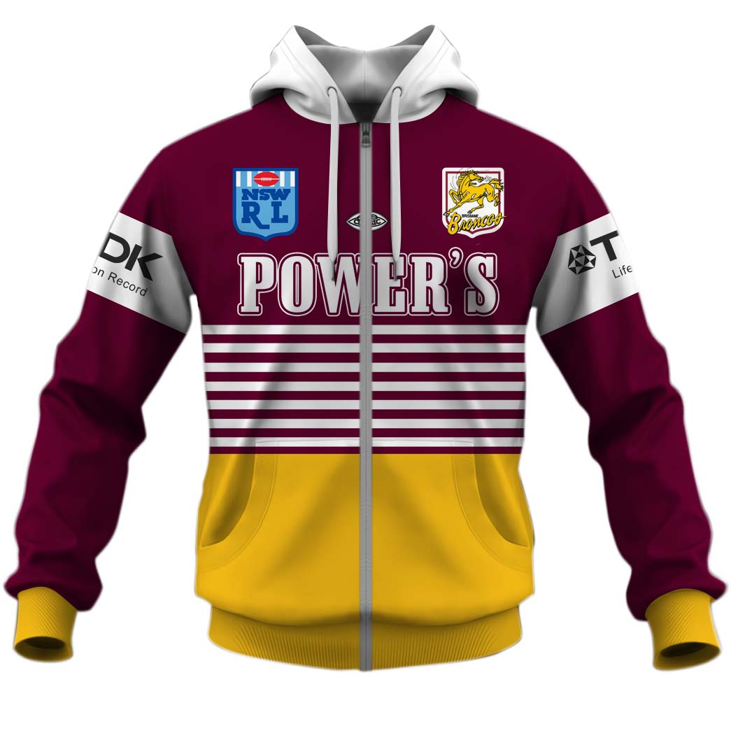 NRL Brisbane Broncos Custom Name Number 1992 Retro Jersey Zip Up Hoodie