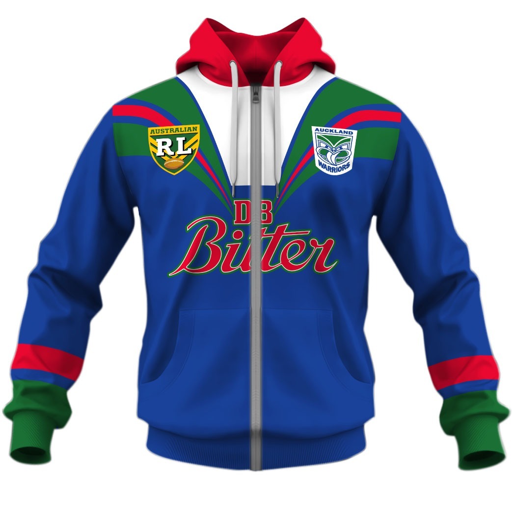 NRL New Zealand Warriors Custom Name Number 1995 ARL/NRL Vintage Retro Jersey Zip Up Hoodie