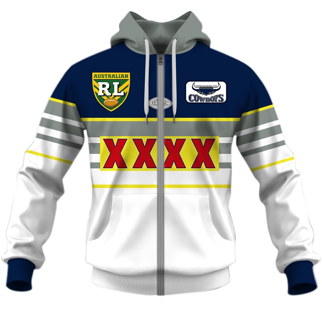 NRL North Queensland Cowboys Custom Name Number 1995 ARL/NRL Vintage Retro Jersey Zip Up Hoodie NRL North Queensland Cowboys Custom Name Number 1995 ARL/NRL Vintage Retro Jersey Zip Up Hoodie
