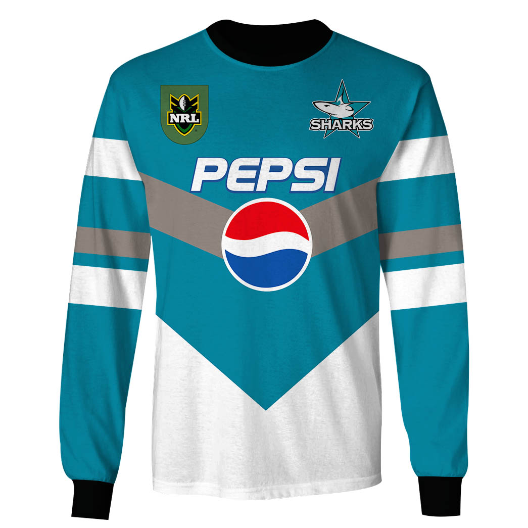 NRL Cronulla-Sutherland Sharks Custom Name Number 1999 Retro Pepsi Jersey Sweatshirt NRL Cronulla-Sutherland Sharks Custom Name Number 1999 Retro Pepsi Jersey Sweatshirt