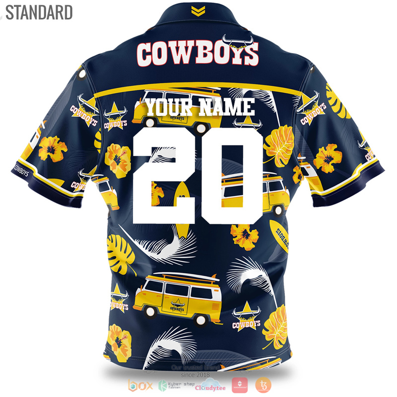 NRL North Queensland Cowboys Custom Name Number Tropical Bus Hawaiian Shirt