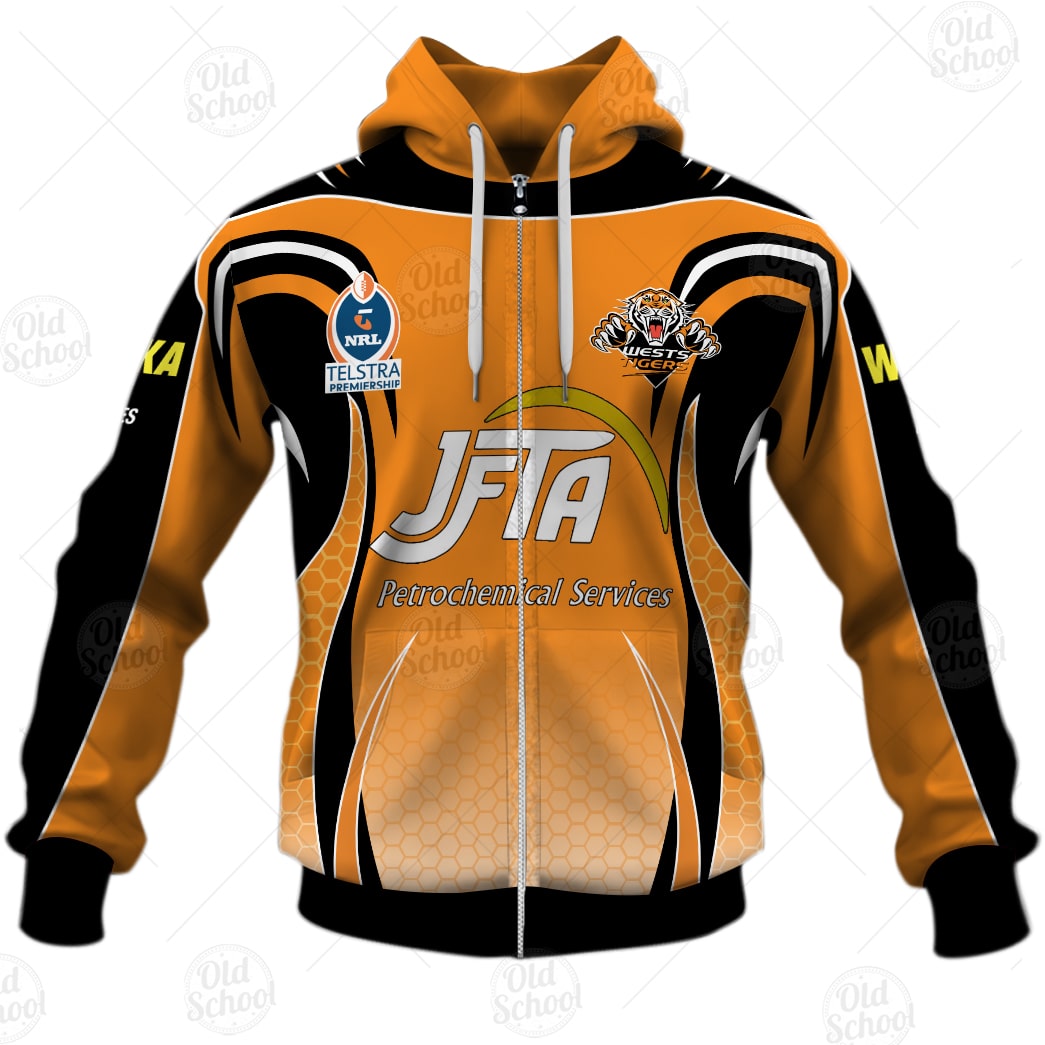 NRL Wests Tigers Custom Name Number Vintage Jersey Zip Up Hoodie NRL Wests Tigers Custom Name Number Vintage Jersey Zip Up Hoodie