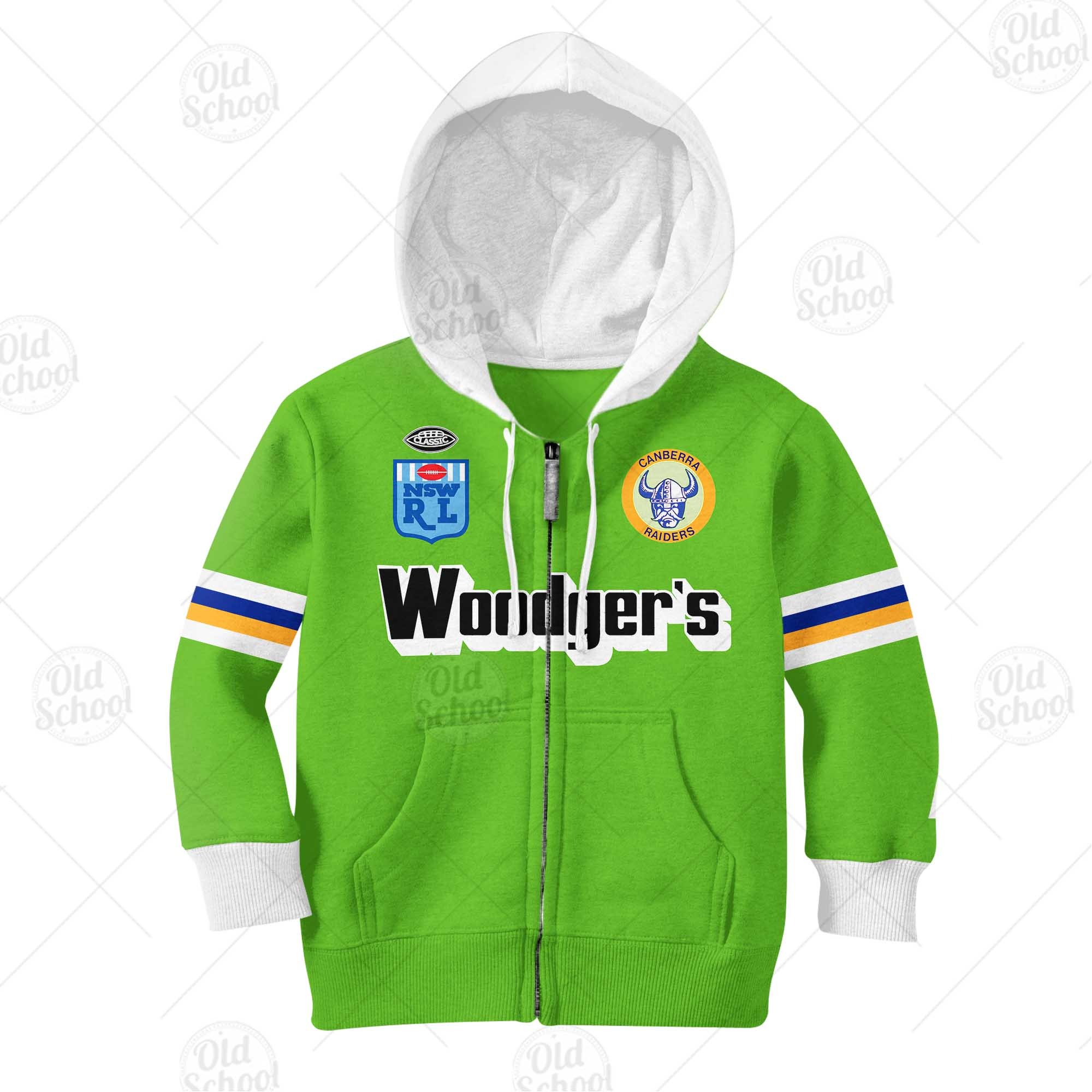 NRL Canberra Raiders Custom Name Number 1989 Vintage Retro Heritage Jersey Kids Zip Up Hoodie