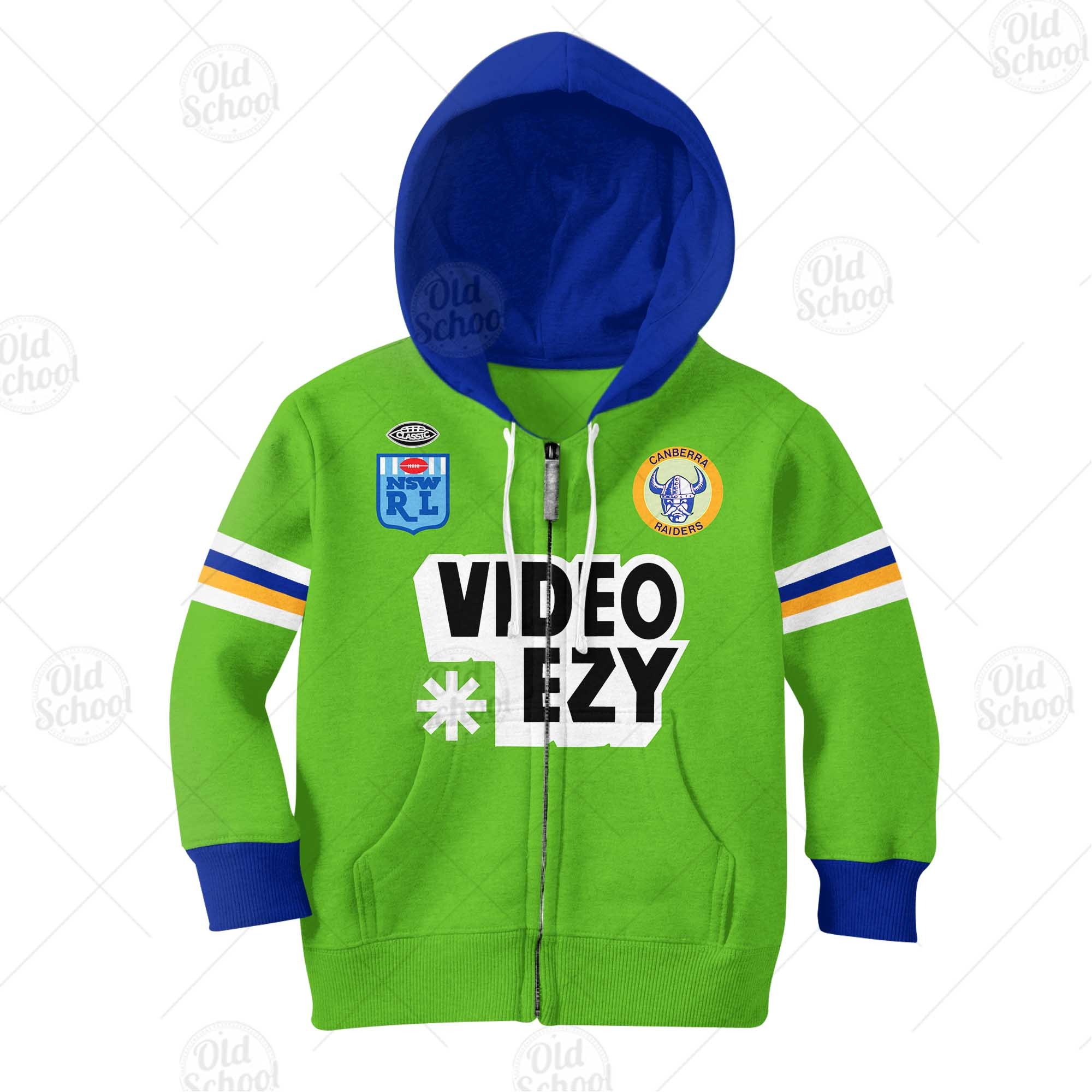 NRL Canberra Raiders Custom Name 1990 Video Ezy Vintage Retro Heritage Jersey Kids Zip Up Hoodie