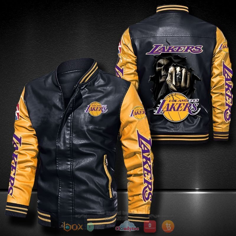 NBA Los Angeles Lakers Black Gold Punching Skull Leather Bomber Jacket NBA Los Angeles Lakers Black Gold Punching Skull Leather Bomber Jacket