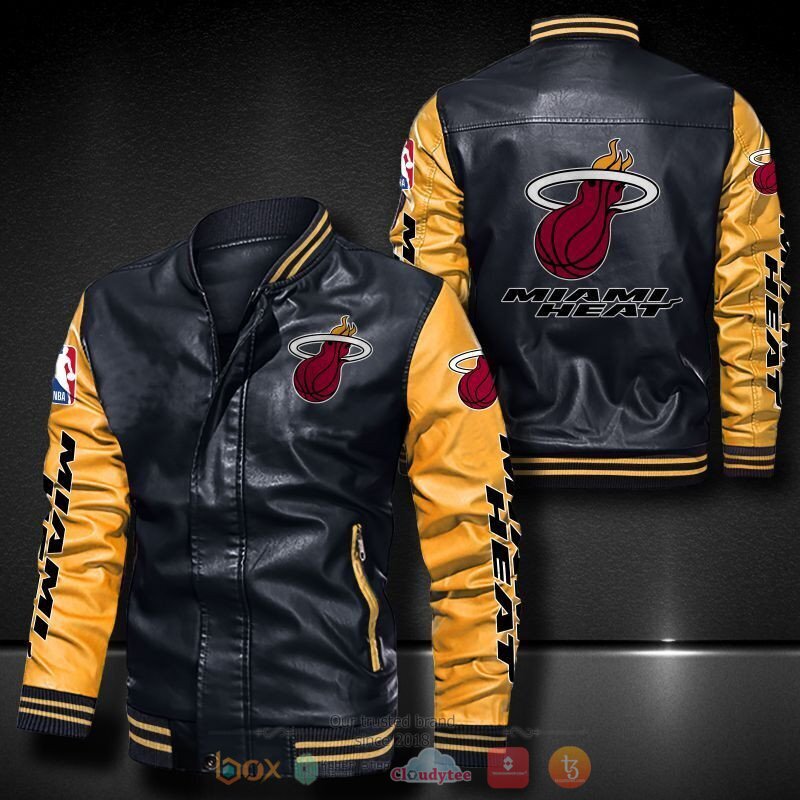 NBA Miami Heat Black Yellow Leather Bomber Jacket NBA Miami Heat Black Yellow Leather Bomber Jacket