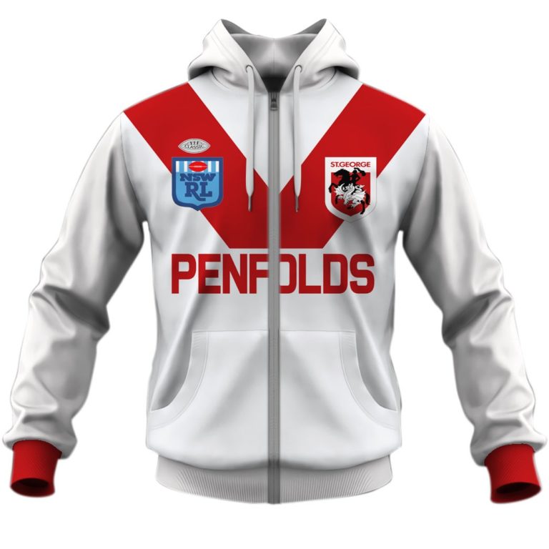 NRL St. George Illawarra Dragons Custom Name Number 1989 Vintage Retro Jersey Zip Up Hoodie
