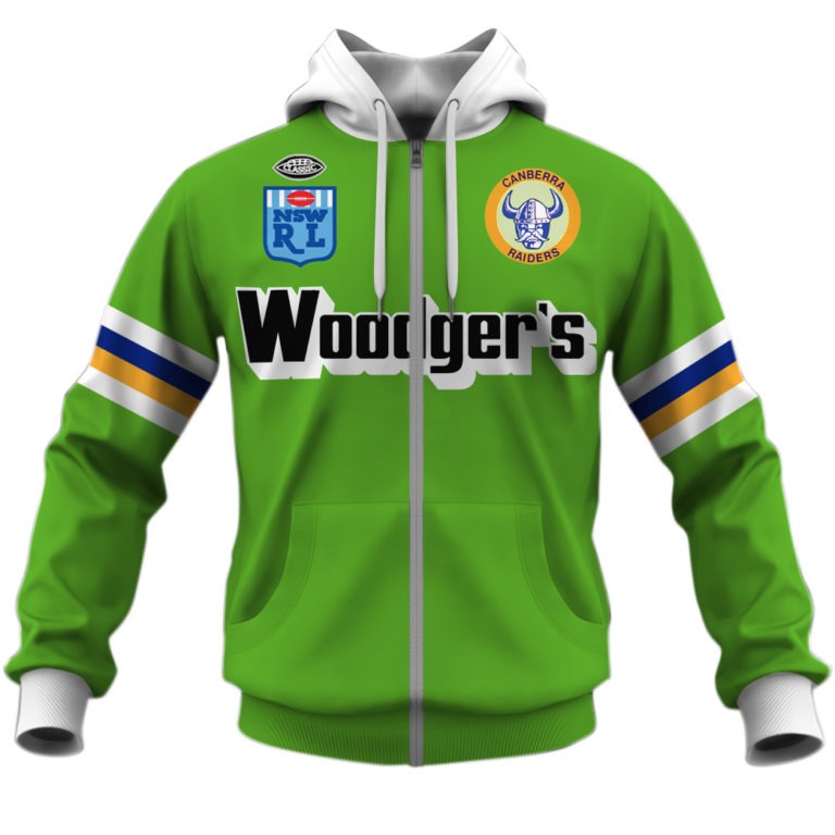 NRL Canberra Raiders Custom Name Number 1989 Vintage Retro Heritage Jersey Zip Up Hoodie