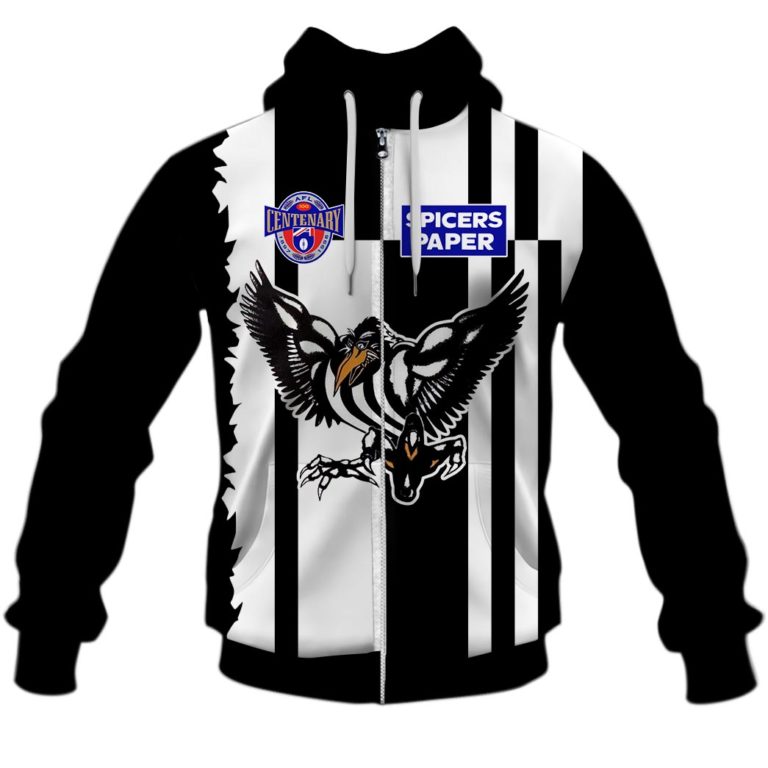 AFL Collingwood Magpies Custom Name Number 90s Vintage Centenary Guernsey Zip Up Hoodie AFL Collingwood Magpies Custom Name Number 90s Vintage Centenary Guernsey Zip Up Hoodie