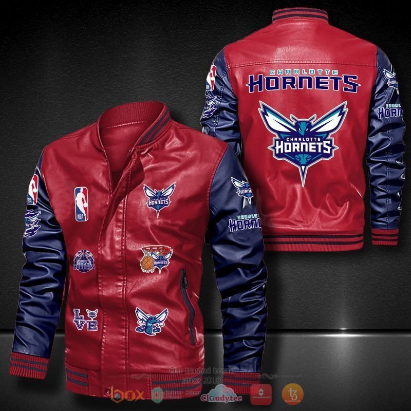 NBA Charlotte Hornets Red Navy Blue Logo Team Leather Bomber Jacket NBA Charlotte Hornets Red Navy Blue Logo Team Leather Bomber Jacket