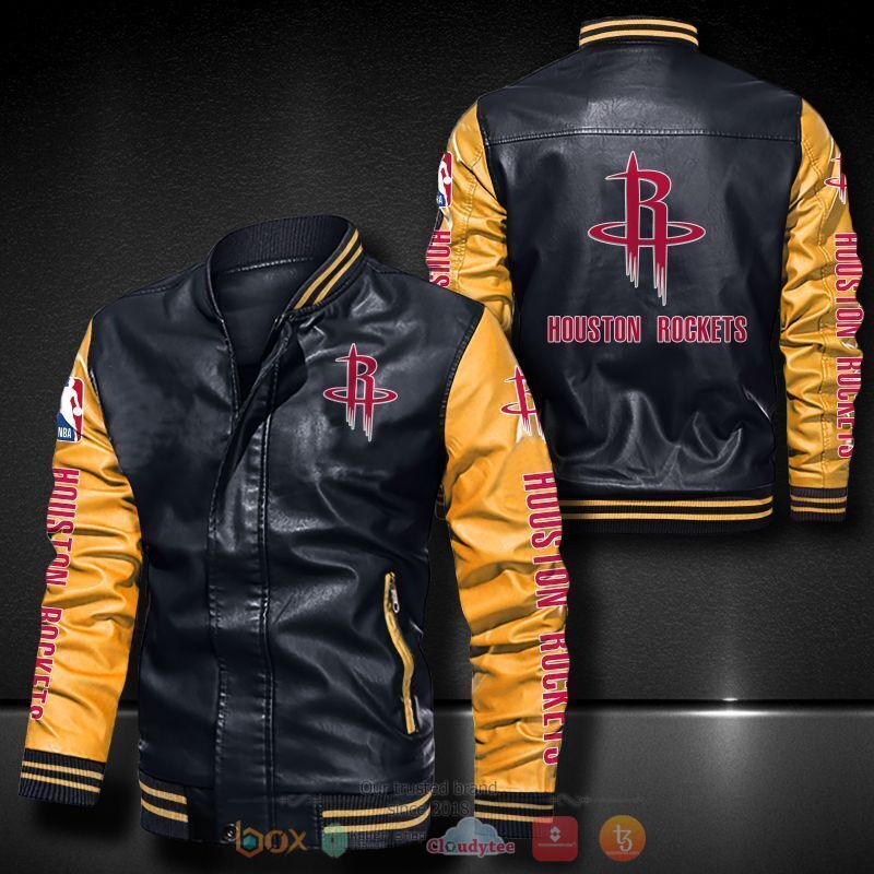 NBA Houston Rockets Black Yellow Leather Bomber Jacket NBA Houston Rockets Black Yellow Leather Bomber Jacket