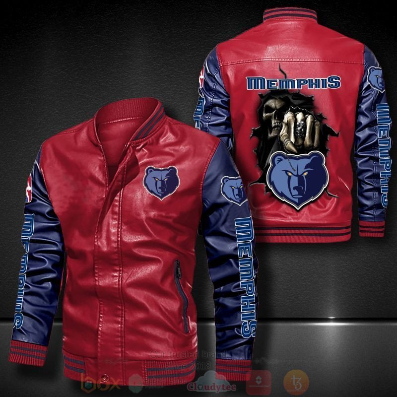 NBA Memphis Grizzlies Red Navy Blue Skull Leather Bomber Jacket NBA Memphis Grizzlies Red Navy Blue Skull Leather Bomber Jacket