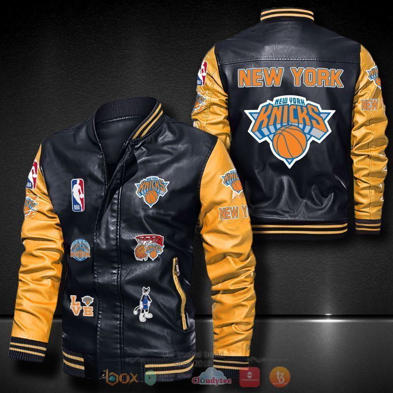 NBA New York Knicks Black Yellow Logo Team Leather Bomber Jacket