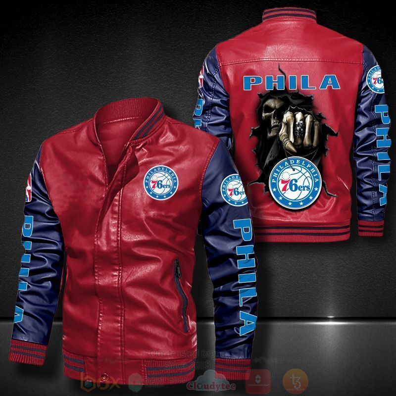 NBA Philadelphia 76ers Red Navy Blue Skull Leather Bomber Jacket