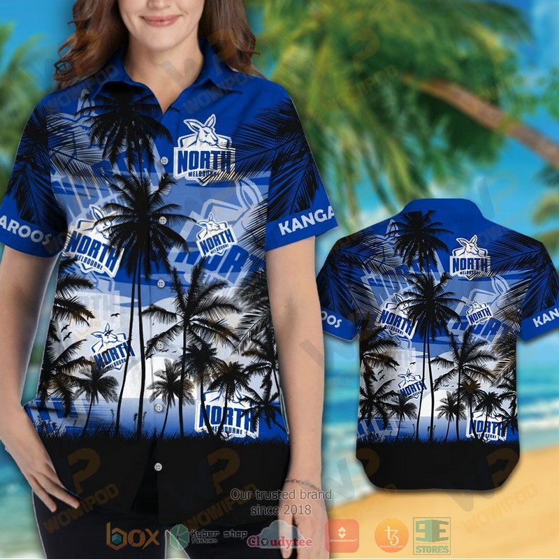 AFL North Melbourne Kangaroos Palm Trees Sunrise Hawaiian Shirt AFL North Melbourne Kangaroos Palm Trees Sunrise Hawaiian Shirt