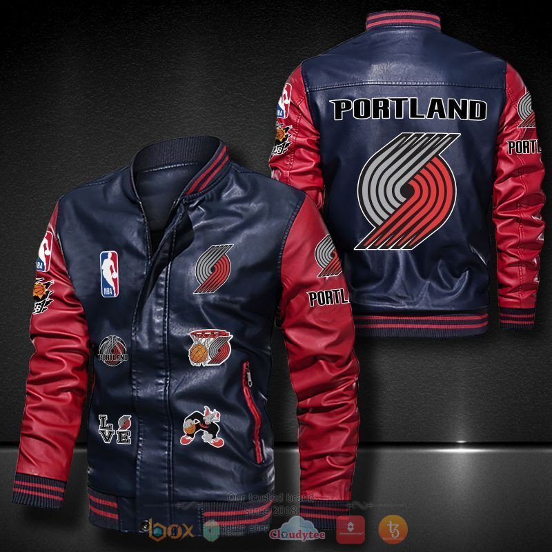 NBA Portland Trail Blazers Navy Red Logo Team Leather Bomber Jacket NBA Portland Trail Blazers Navy Red Logo Team Leather Bomber Jacket