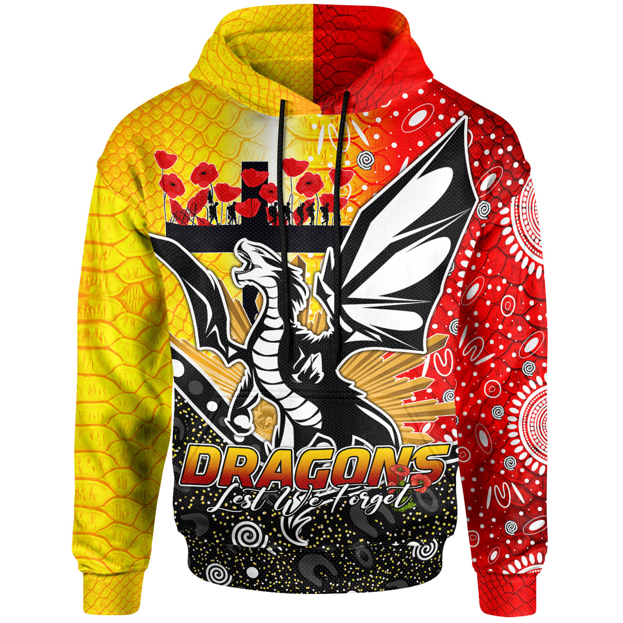 NRL St. George Illawarra Dragons ANZAC Day With Poppy Flower Pullover Hoodie NRL St. George Illawarra Dragons ANZAC Day With Poppy Flower Pullover Hoodie