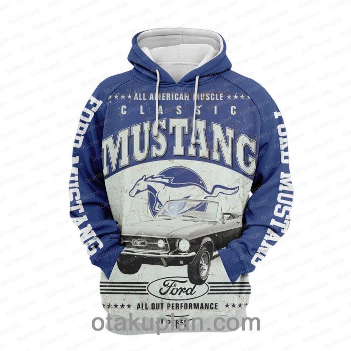 Ford Mustang Blue White Pullover Hoodie