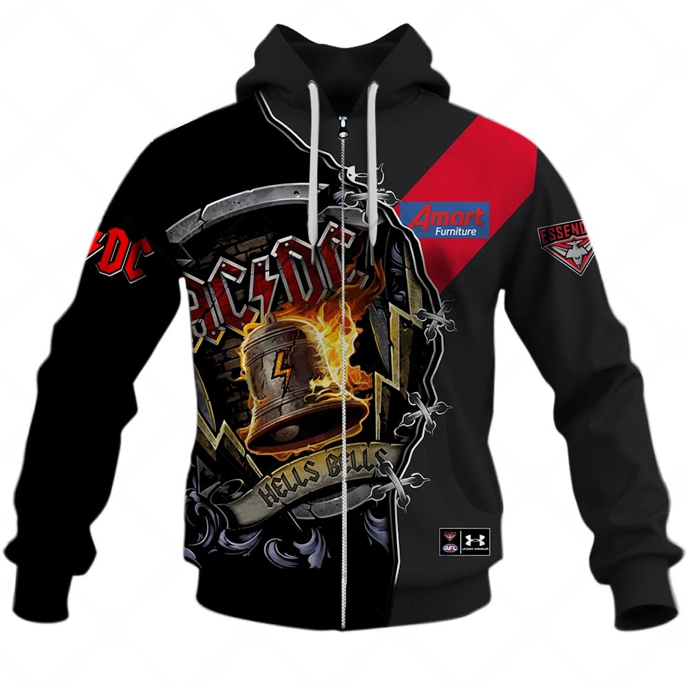 AFL Essendon Bombers AC/DC Mix Custom Name Number 2023 Home Guernsey Zip Up Hoodie