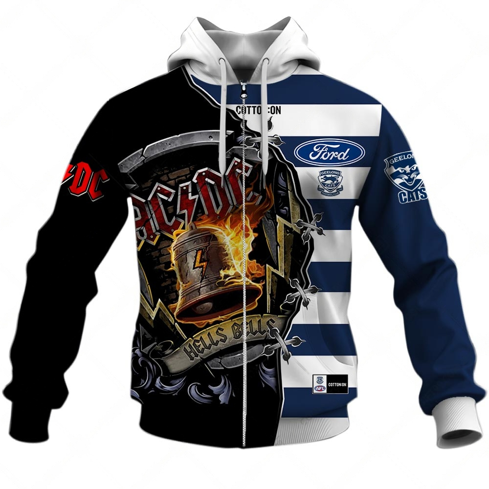 AFL Geelong Cats AC/DC Mix Custom Name Number 2023 Home Guernsey Zip Up Hoodie