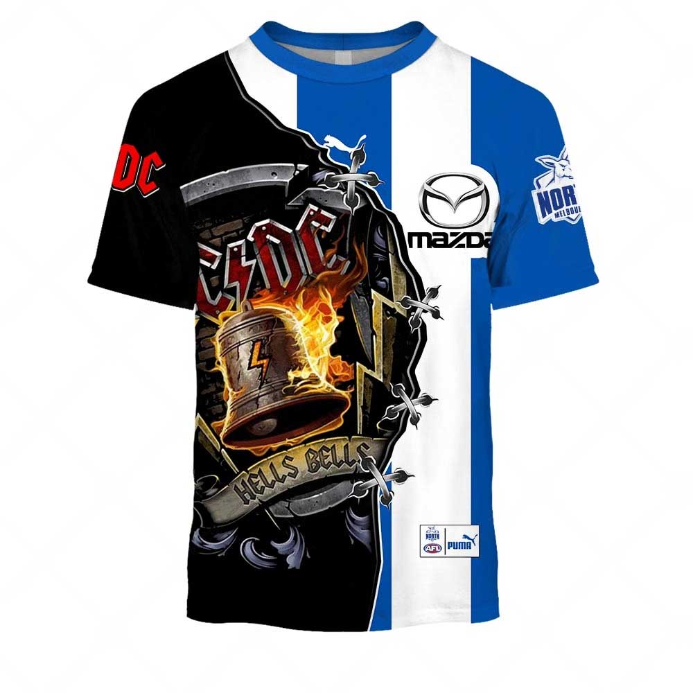 AFL North Melbourne Kangaroos AC/DC Mix Custom Name Number 2023 Home Guernsey T-Shirt AFL North Melbourne Kangaroos AC/DC Mix Custom Name Number 2023 Home Guernsey T-Shirt