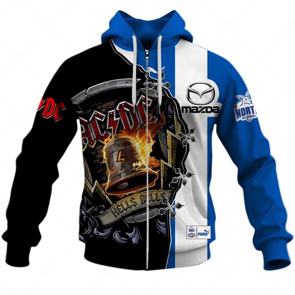 AFL North Melbourne Kangaroos AC/DC Mix Custom Name Number 2023 Home Guernsey Zip Up Hoodie AFL North Melbourne Kangaroos AC/DC Mix Custom Name Number 2023 Home Guernsey Zip Up Hoodie