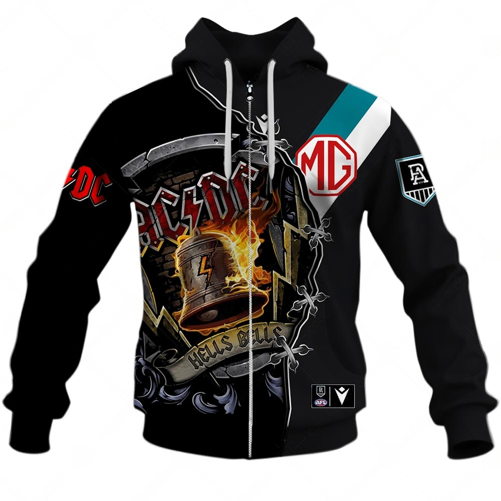 AFL Port Adelaide AC/DC Mix Custom Name Number 2023 Home Guernsey Zip Up Hoodie AFL Port Adelaide AC/DC Mix Custom Name Number 2023 Home Guernsey Zip Up Hoodie