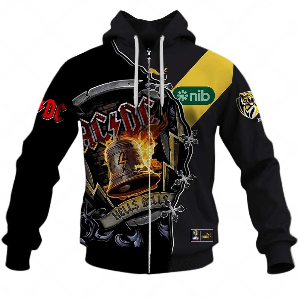 AFL Richmond Tigers AC/DC Mix Custom Name Number 2023 Home Guernsey Zip Up Hoodie AFL Richmond Tigers AC/DC Mix Custom Name Number 2023 Home Guernsey Zip Up Hoodie