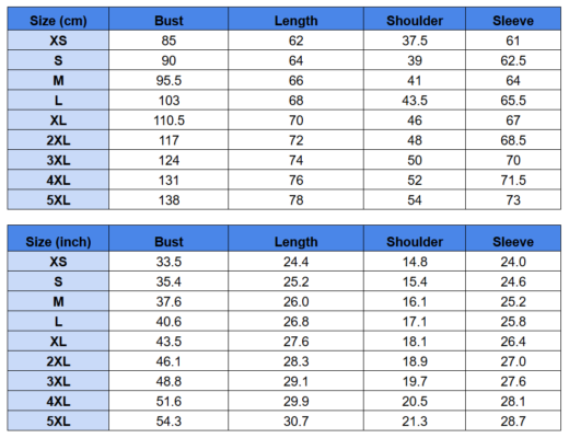 Full Zip Hoodie Size Chart 