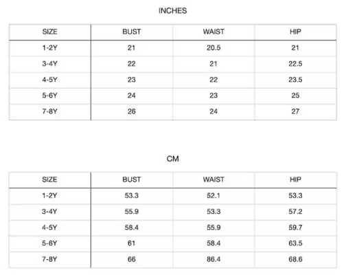 Girls Dress Size Chart 