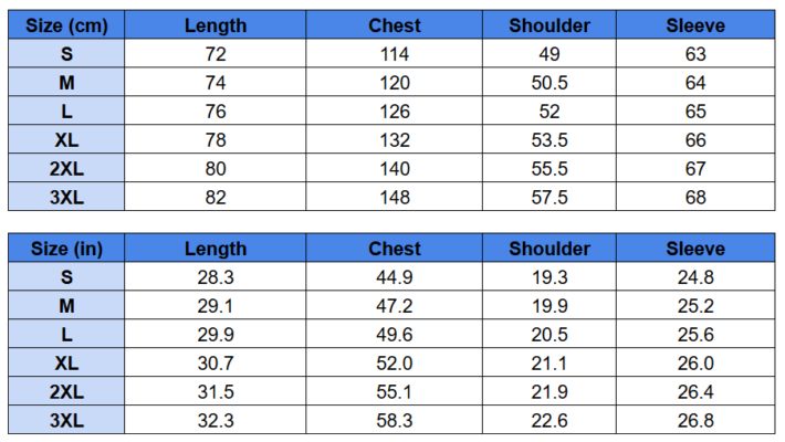 Zipper Jacket Size Chart 